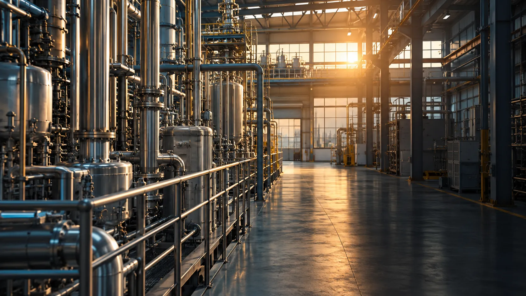 Pipework and stainless steel processing equipment inside an industrial facility